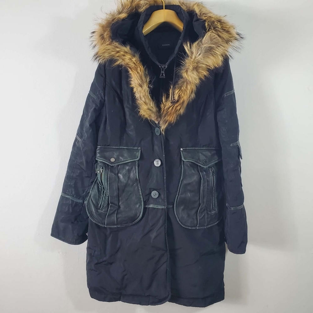 RUDSAK Black Leather Down Winter Jacket Parka With Real Fur